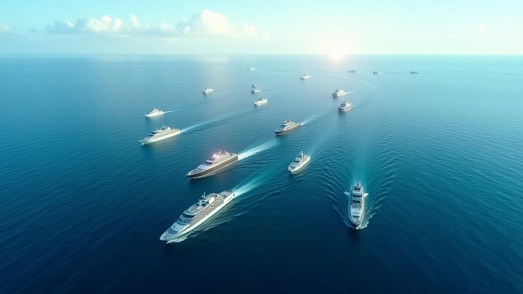 Vista aérea de una moderna flota de barcos en el océano.